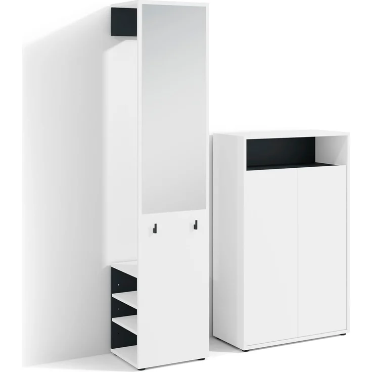 byLIVING Garderoben-Set Lyon/Weiß oder Artisan Eiche kombiniert mit Schwarz/Hochschrank mit Spiegel/Schuhschrank/B 40, H 185, T 35 cm, B 70, H 115, T 33,5 cm