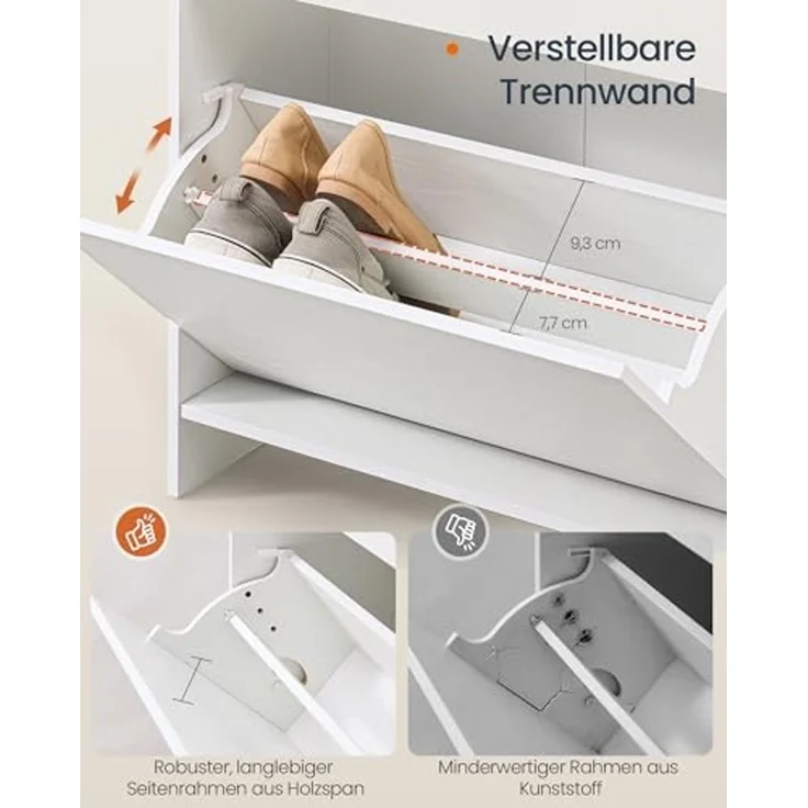 SONGMICS Home Schuhschrank 2 Klappen, superschnelle werkzeuglose Montage, Toolless-Technologie, Schuhkipper schmal, Schuhaufbewahrung, Trennwand verstellbar, modern, schneeweiß LBC228WE01 – Bild 6