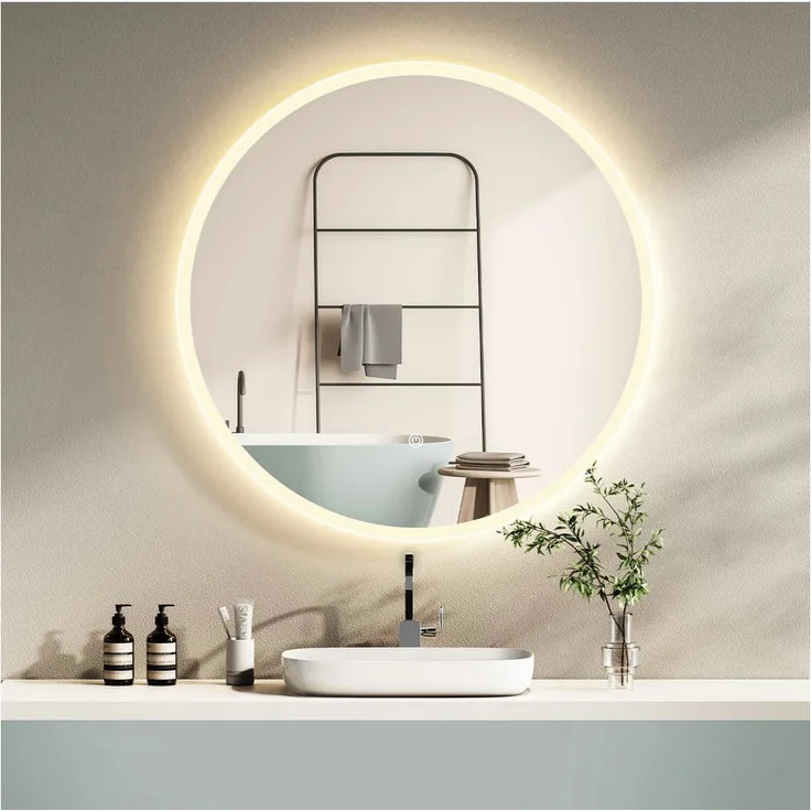 HOKO LED Badspiegel rund 60cm / 80cm, mit stufenlos wechselbarem Licht (Warmweiß - Kaltweiß - Neutral), Touch-Schalter, Memory-Funktion, IP44, 5mm HD Glas
