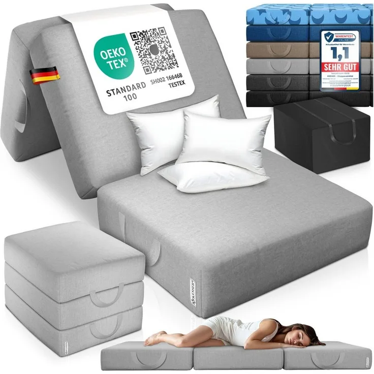 KESSER® Klappmatratze Gästematratze 3-fach Faltmatratze faltbar zum Sitzhocker | Schaumstoff 25kg/m³ extra dick 15cm atmungsaktiv waschbar abnehmbarer Bezug | Matratze inkl. Camping Tragetasche Grau, 75 x 195 x 15 cm