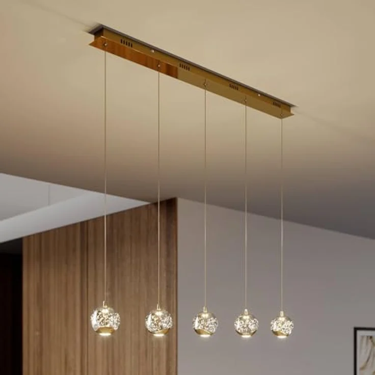 Lucande LED-Pendellampe Hayley, 96 cm, 5-flg., gold mit Glaskugeln und Blasenstruktur – Bild 2