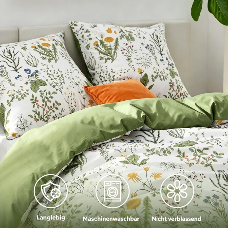 ibettertec Bettwäsche Bettwäsche Set Salbeigrün Blumen Bettwäsche Wendbar mit Reißverschluss, Bettwäsche Grün Blümchen Blumen und Kissenbezug 80x80 cm – Bild 3