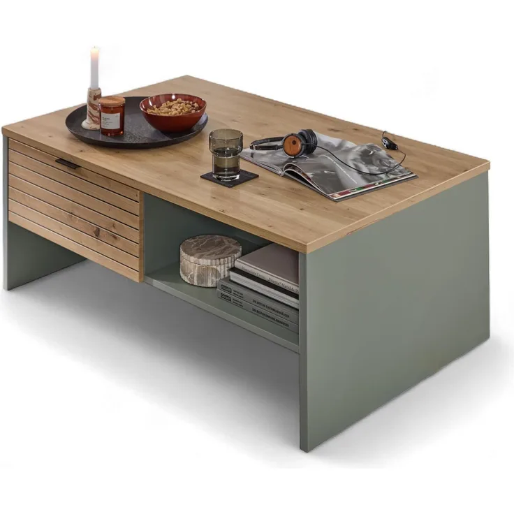 Stella Trading INA Couchtisch in Schilfgrün, Artisan Eiche Optik FSC-Zertifiziert - Moderner Sofatisch mit Schubladen für Ihren Wohnbereich - 110 x 44 x 65 cm (B/H/T)