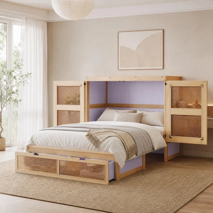 CHICFURN Bett aus Holz in Naturholz 140x200 cm mit Stauraumschubladen und Rattan-Design – Bild 9