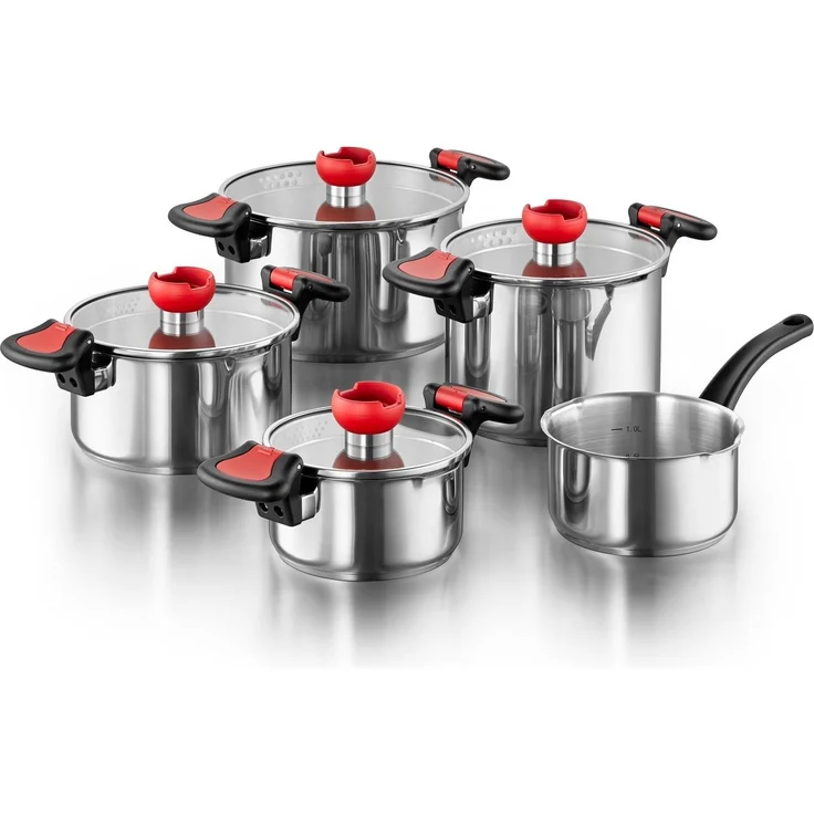 Kopf Topf-Set Kochtopfset Nelo 9-teilig, Edelstahl (9-tlg), mit Deckel, intelligenter Abgießhilfe & integrierter Siebfunktion – Bild 1