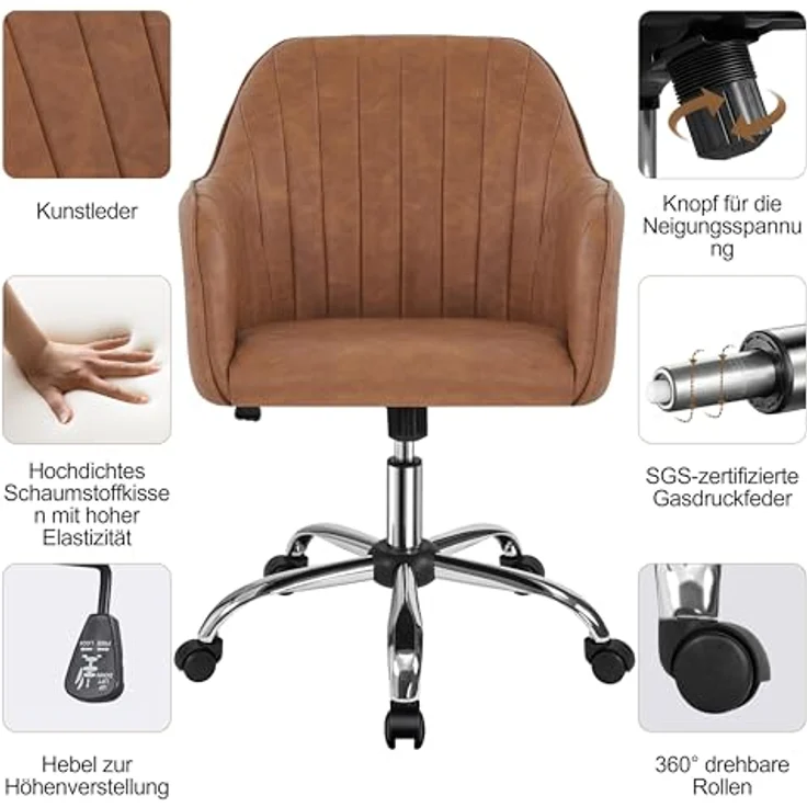 Yaheetech Homeoffice Stuhl, Schminkstuhl, Schreibtischstuhl, höhenverstellbar Drehstuhl, Bürostuhl mit gepolstertem Samtstoff, für Arbeitszimmer, Schlafzimmer, bis 136 kg belastbar, Retrobraun – Bild 6