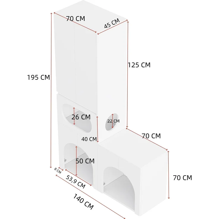 Katzentoilettenschrank, Haustierschrank, Haustier-Aufbewahrungsschrank, für 2 Katzentoiletten, mit Kratzsäule und Ruhebereich, Haustierschrank für Katzen und Hunde, weiß, 140 x 45 x 195 cm--Weiß--140x45x195cm--YOUDENOVA – Bild 6