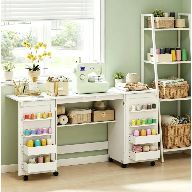 Klappbarer Nähtisch mit Rollen, Stauraum und Ablage, 160x40x81,5 cm, Weiß