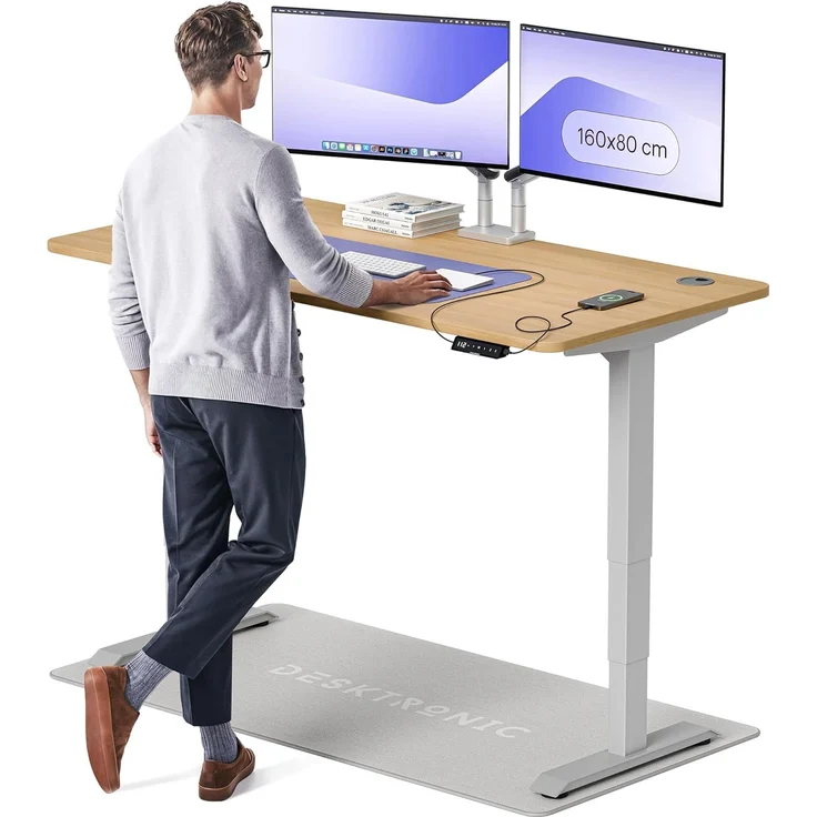 Höhenverstellbarer Schreibtisch - Höhenverstellbar Elektrisch mit Flüsterleisem Dual-Motor & Touchscreen - Hohe Tragfähigkeit - Stehtisch von Desktronic, Grau + Eiche, 160x80 cm – Bild 1