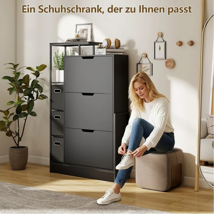 Puluomis Schuhschrank mit 3 Stoffschubladen, Aufbewahrungsschrank für Schuhe, 81 x 24 x 132 cm Kippsicherer Flurschrank mit Höhenverstellbaren Böden & Füßen – Bild 3