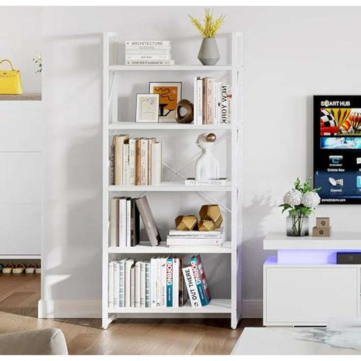 YITAHOME Bücherregal, Standregal mit 5 Ebenen, Hohes Lagerregal mit Metallrahmen, Industrielles Ausstellungsregal, Regaleinheiten, für Wohnzimmer, Schlafzimmer, Homeoffice, Küche, Reines Weiß Regal – Bild 5