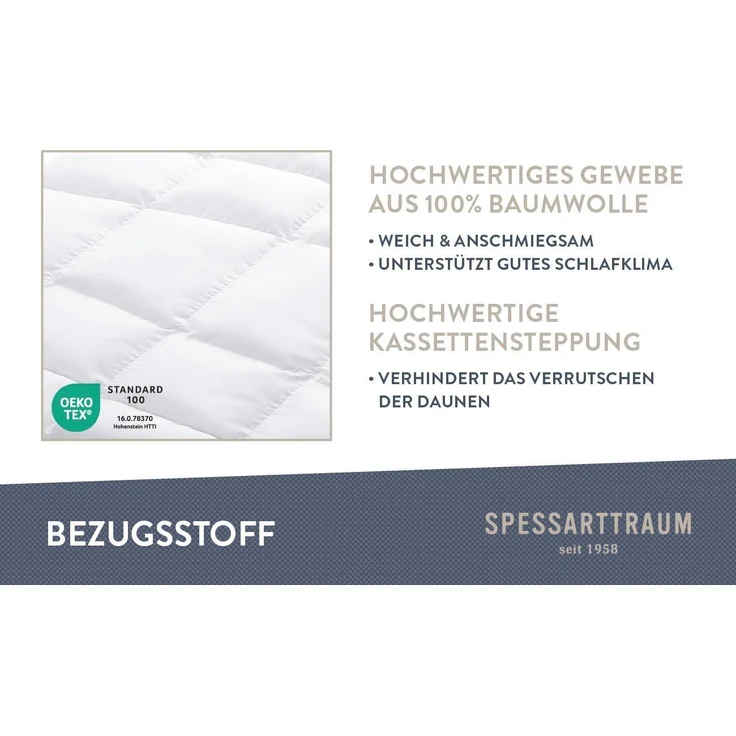 SPESSARTTRAUM Daunenbettdecke First Class, Füllung: 90% Daunen / 10% Federn, Klasse 1, Downpass zertifiziert, Bezug: 100% Baumwolle, nachhaltig (Made in Green), Hausstauballergiker geeignet, 5 Wärmeklassen & 6 Größen, Bestseller – Bild 2
