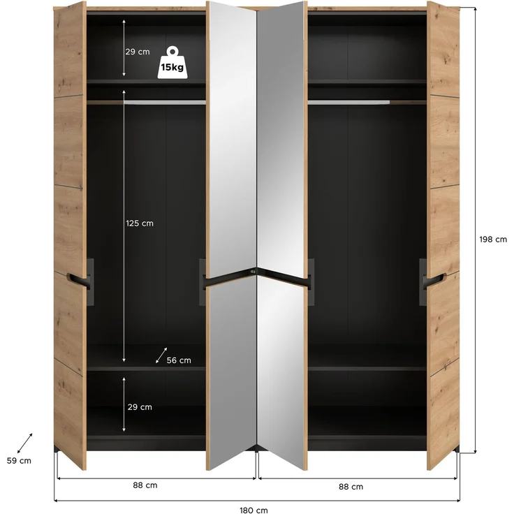 Kleiderschrank Sova 4-türig – Moderner Schrank in Eiche-Optik & Schwarz mit Stauraum und Spiegeltüren – Bild 3