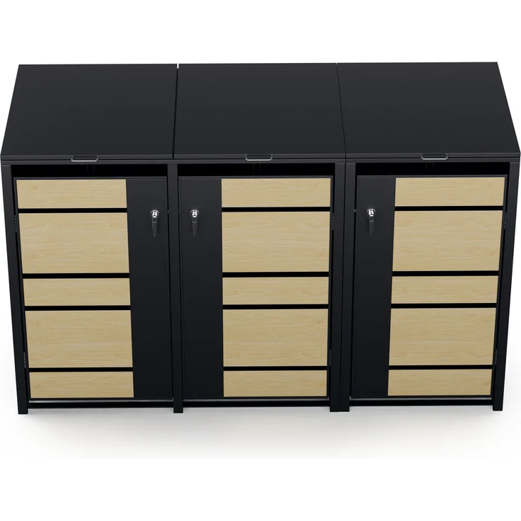 Blumfeldt BinSafe Mülltonnenbox – Wetterfest, Verzinkter Stahl, Für 60L/120L/240L, Schloss, Modernes Design, Mülltonnenverkleidung für 3 Tonnen, Ahorn & Schwarz – Bild 3