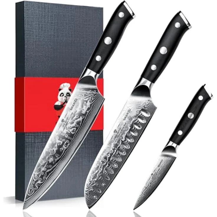 SHAN ZU Damastmesser-Set, 3-teilig japanisches Superstahl-Damast-Küchenmesser-Set, hochkohlenstoffreiches professionelles ultrascharfes Kochmesser-Set mit G10-Griff Geschenkbox – Bild 2
