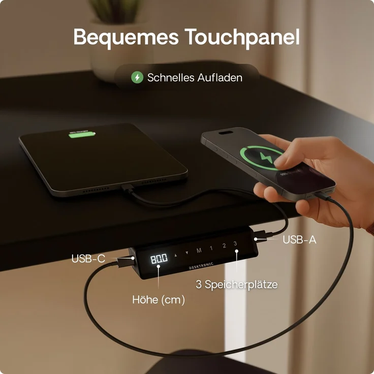 Desktronic HomeOne Elektrisch höhenverstellbarer Schreibtisch 160x80cm Weiß/Schwarz mit Memory-Funktion, Anti-Kollisions Technologie, USB-A und USB-C-Ladeanschlüssen – Bild 6