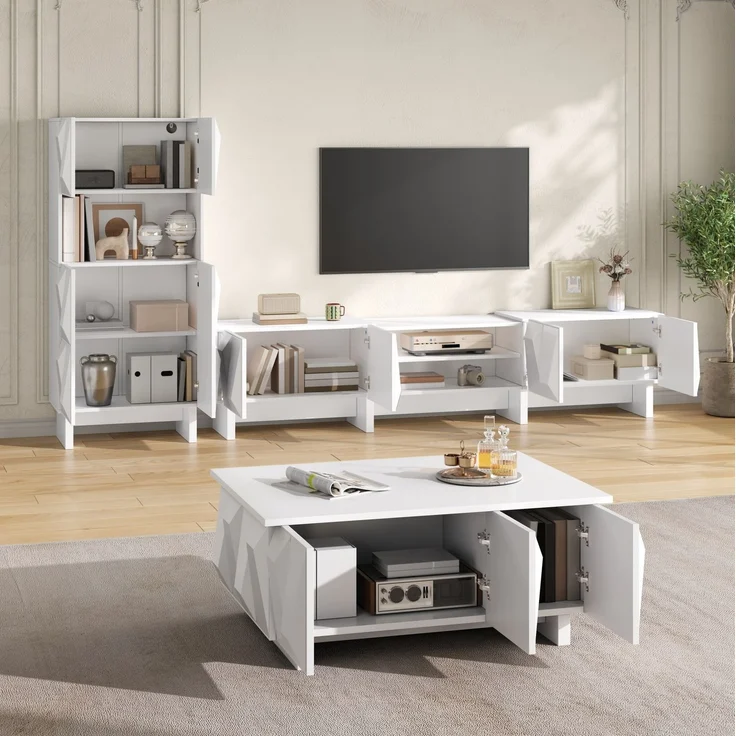 Wohnzimmermöbel-Set mit 3D-Front, TV-Lowboard 180x34x44,5 cm, Weiß – Bild 2