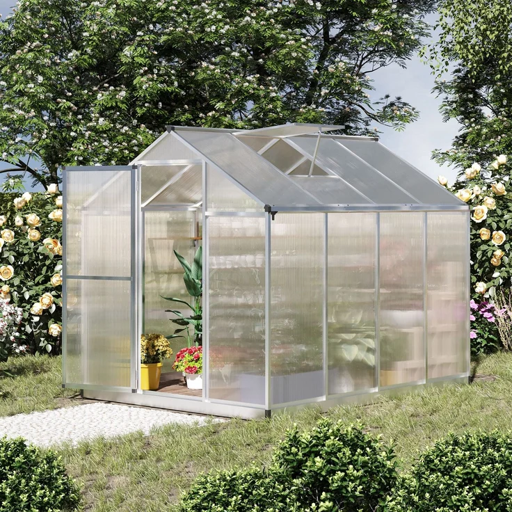 Wohnora-Gewächshaus aus Aluminium und Polycarbonat, 4,6 m², Abmessungen 2,42 m L x 1,9 m B x 1,95 m H, mit Oberlicht und Schnapptür,H 1950cm x T 1780cm x B 1900cm,Transparent – Bild 3