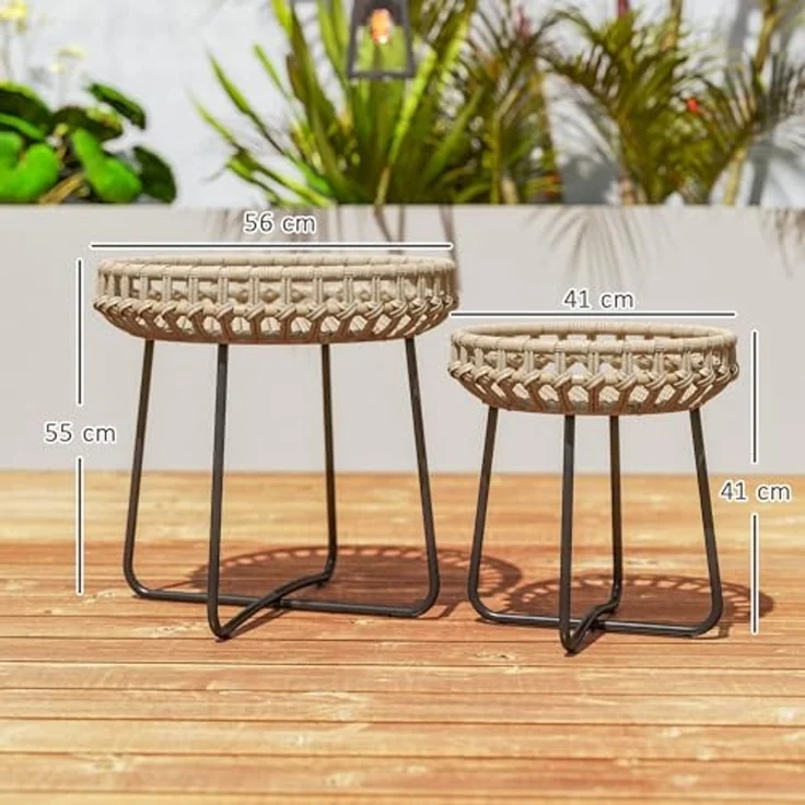 Outsunny Beistelltisch mit X-Beine, verstellbare Fußpads (rund wetterfest Gartentisch, 2-St, 2er Set Balkontisch aus Polyrattan), Ø60,41 cm für Garten, Balkon, Braun – Bild 3