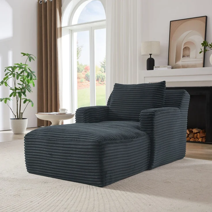Chaiselongue mit Cordstoff, vakuumkomprimierter Relaxsessel mit Taschenfederkern und hochdichtem Schaumstoff, keine Montage erforderlich, bequemer Loungesessel für Wohnzimmer--Antikes Dunkelgrau--100x166x127cm--YOUDENOVA – Bild 4