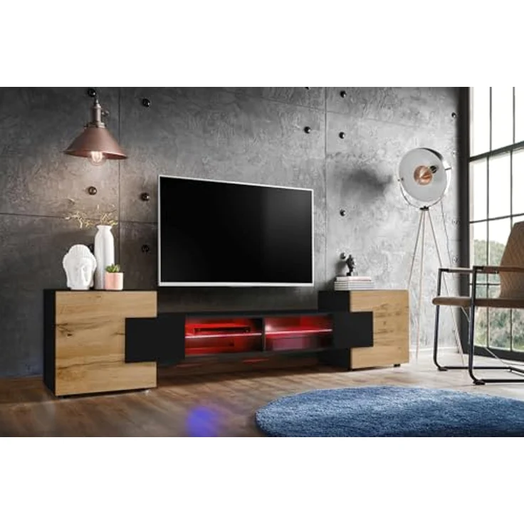 Komodee Lowboard Merano, Schwarz/Schwarz, Eiche Wotan, 4 Fächer, 230x52.5x35 cm, für Wohnzimmer und Wohnwände – Bild 1