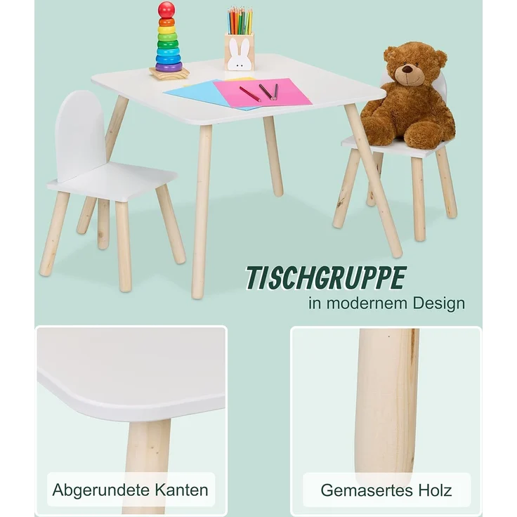 Relaxdays Kindersitzgruppe, 3-TLG, Kindertisch mit 2 Stühlen, Mädchen & Jungen, Sitzecke fürs Kinderzimmer, weiß/Natur – Bild 6