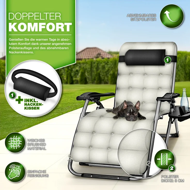tillvex® Liegestuhl klappbar bis 200 kg Beige | Sonnenliege wetterfest für Balkon, Garten & Terrasse | Outdoor Liege verstellbar mit dickem Polster | Relaxliege mit Nackenkissen, Getränkehalter & Auflage – Bild 7