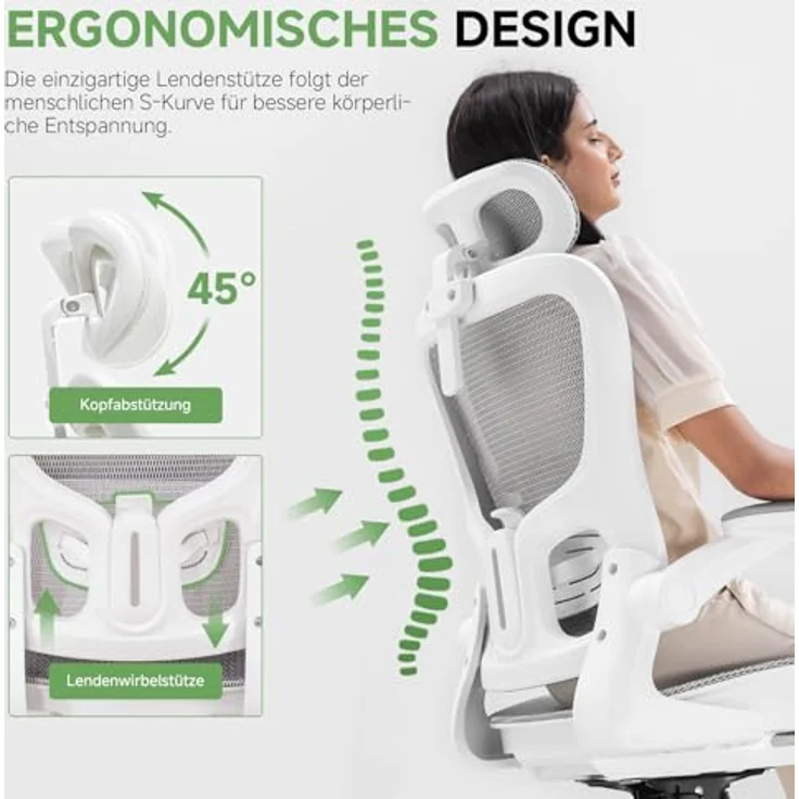 GTPLAYER Bürostuhl Ergonomisch, Schreibtischstuhl mit Verstellbarer Kopfstütze, Armlehnen, Lendenwirbelstütze, Büro Stuhl & Gaming Stuhl Wippfunktion, Chefsessel aus Mesh, 150kg(Weiß) – Bild 8
