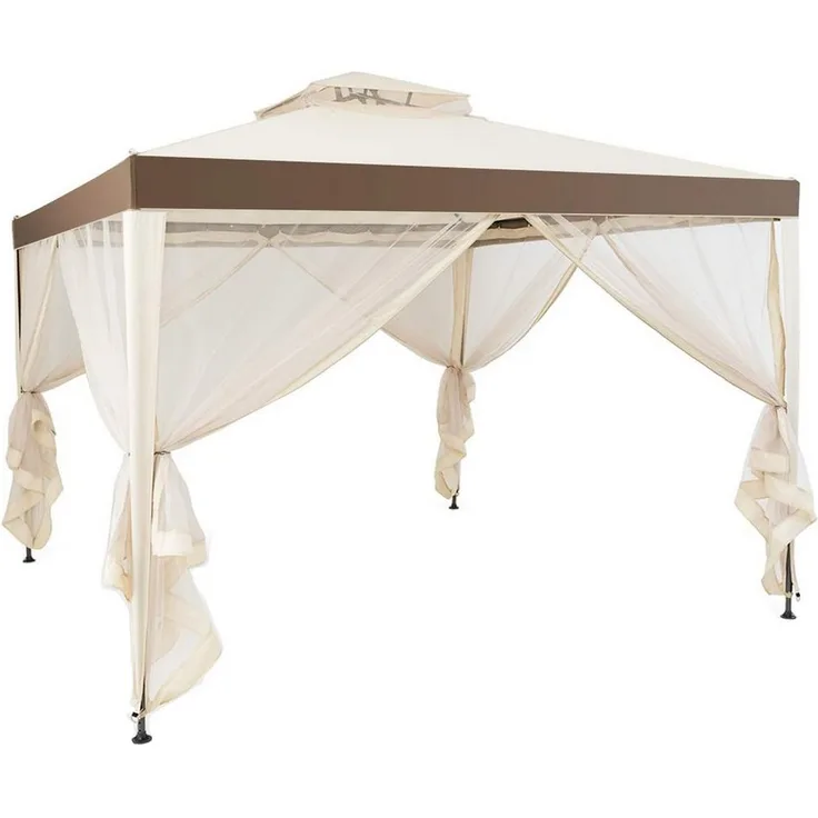 KOMFOTTEU Pavillon, Gartenpavillon 3x3 m, Sonnenschutz mit Moskitonetz, braun/beige