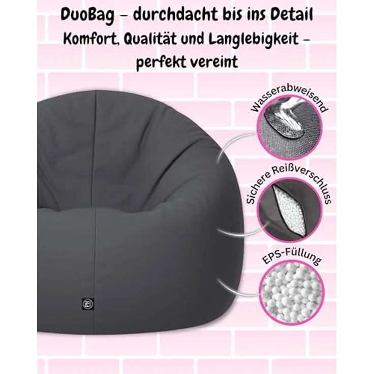 PATCH HOME 2 in 1 Funktion Sitzsack Sessel Bean Bag Sitzsäcke Gaming mit Reißverschluss bereits befüllt - Ø 125cm -Anthrazit – Bild 6