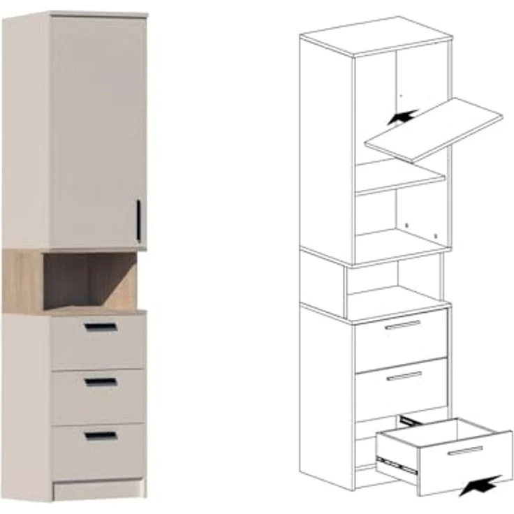 Marmex Möbel Grant Set-34C Schrankset mit mit Aufsätzen für Schlafzimmer und Ankleidezimmer, bestehend aus einem Eckschrank und freistehenden Regalen mit Schubladen und Einlegeböden, laminierte Spanplatte, graubeige cashmere+cremona torro 195/143x235x4... – Bild 5