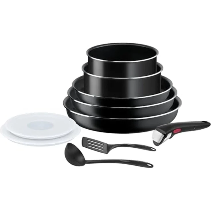 Tefal Ingenio Easy On 10-tlg. Kochgeschirr-Set, 3x Pfannen (22, 24, 26 cm), 2x Kasserollen mit Deckel (16, 18 cm), 2x Küchenhelfer, 1x abnehmbarer Griff, stapelbar, Thermo-Signal, Schwarz, L1599902 – Bild 1