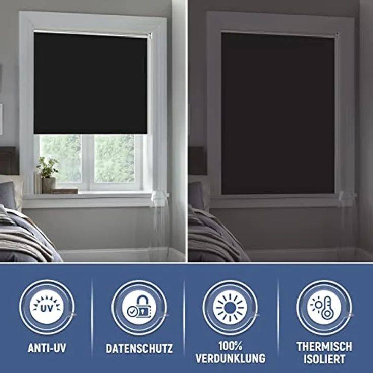 Verdunkelungsrollo ohne Bohren Klemmrollos für Fenster Schwarz B85 x H150 cm Thermorollo Sichtschutz Sonnenschutz Rollo innen – Bild 4
