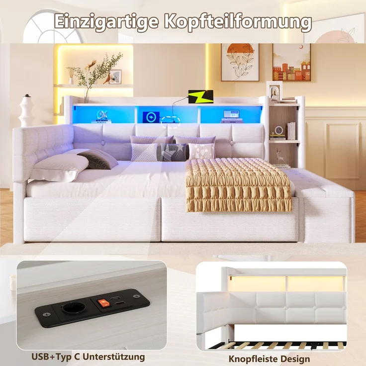 Merax Polsterbett 140 × 190 cm, Doppelbett, Tagesbett, Daybett, Schlafsofa, mit 2 Schubladen, USB- und Typ-C-Anschlüssen, LED-Lichtleiste, Ohne Matratze, Samt, Weiß – Bild 7