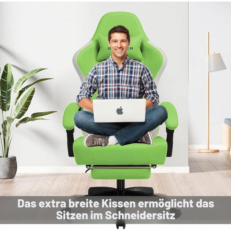 GTPLAYER Gaming Stuhl Ergonomischer Gaming Sessel Schreibtischstuhl Kunstleder, Federsitzkissen, Verbindungsarmlehnen und Fußstütze 150KG, grün – Bild 4