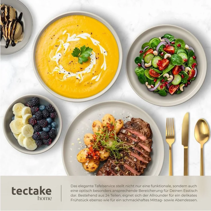 tectake Kochbesteck-Set Küchenstarterset (39-tlg), Geschirrset aus Steingut, mit Glasur – Bild 3