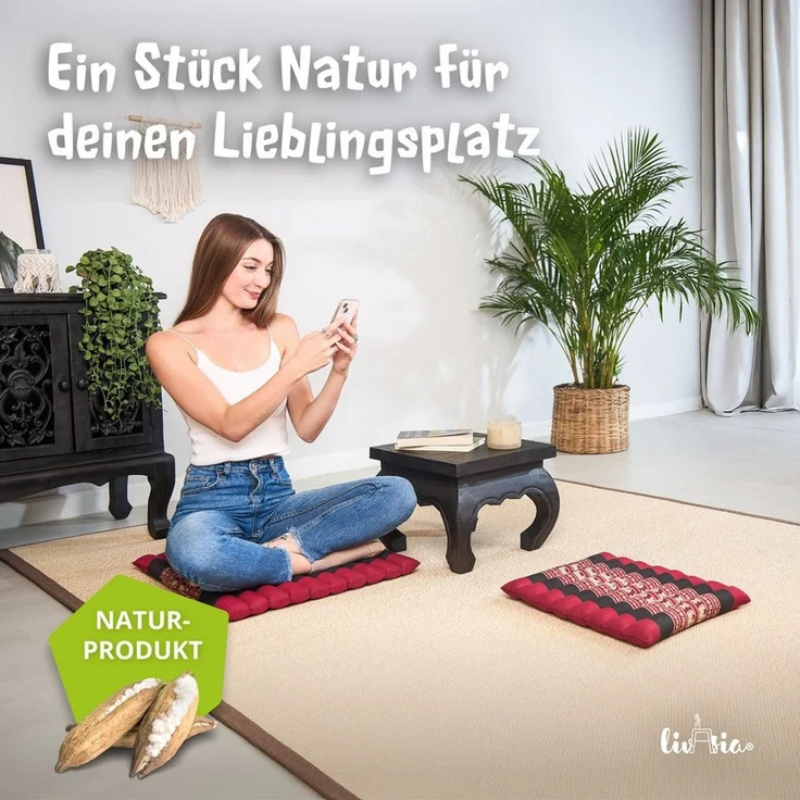 livasia Sitzkissen Steppkissen 50 cm, vegan und handgefertigt, 50 x 50 x 4,5 cm, Kapok – Bild 2