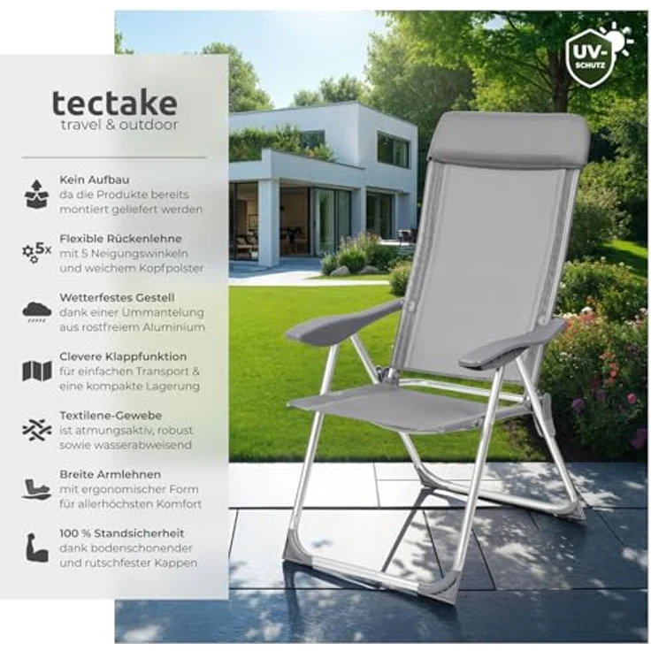 tectake® 4er Set Gartenstuhl Hochlehner, Gartenstühle, Essstühle Aluminium, Klappstuhl 5-Fach verstellbar mit Armlehnen, Sessel mit Liegefunktion, Gartenmöbel, Möbel für Terrasse und Camping - grau – Bild 5