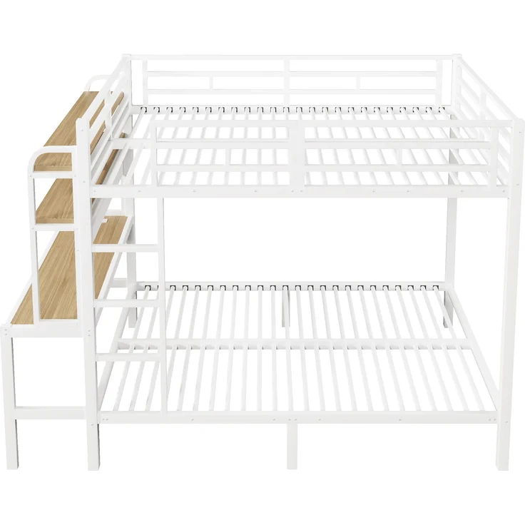 Etagenbett, 140x200 cm, Eisenrahmen, Ablagefach, Schreibtisch, mit LED-Lichtleiste, USB-Anschluss, Sicherheitsgeländer, Leiter, ohne Matratze, Weiß – Bild 9