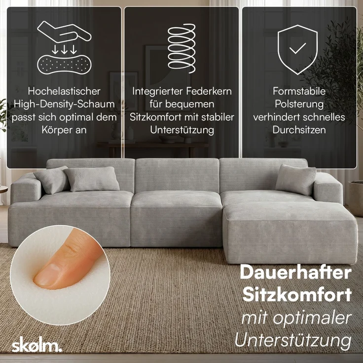 skølm 'Freki' Cloud Sofa 4 Sitzer mit Hocker, Vollschaumcouch mit Federkern und Vakuum-Kompression, kein Aufbau erforderlich, mit 3 Kissen, Cord grau – Bild 2
