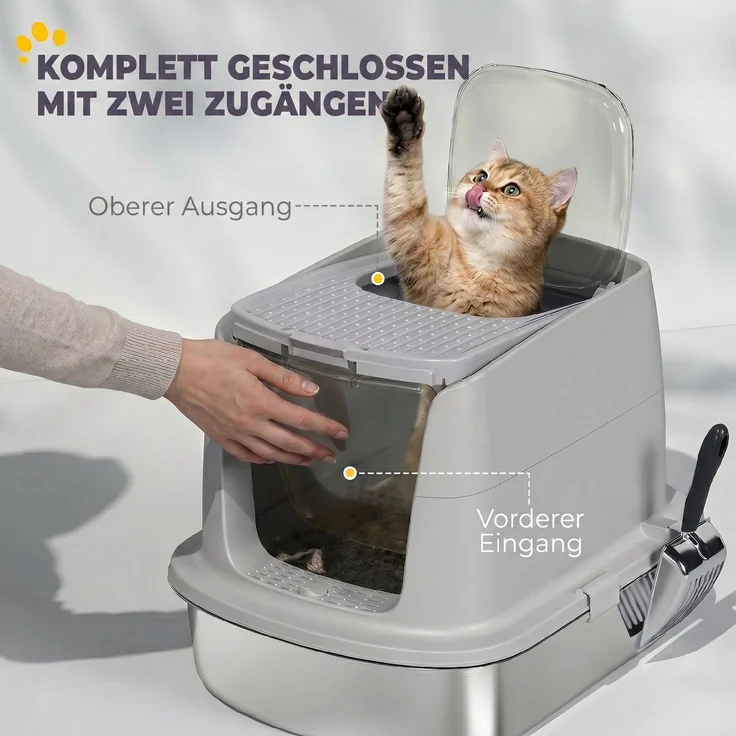 PawHut Katzentoilette, Edelstahl, Kunststoff, Hellgrau, 52,4L x 41,3B x 39,8H cm – Bild 5