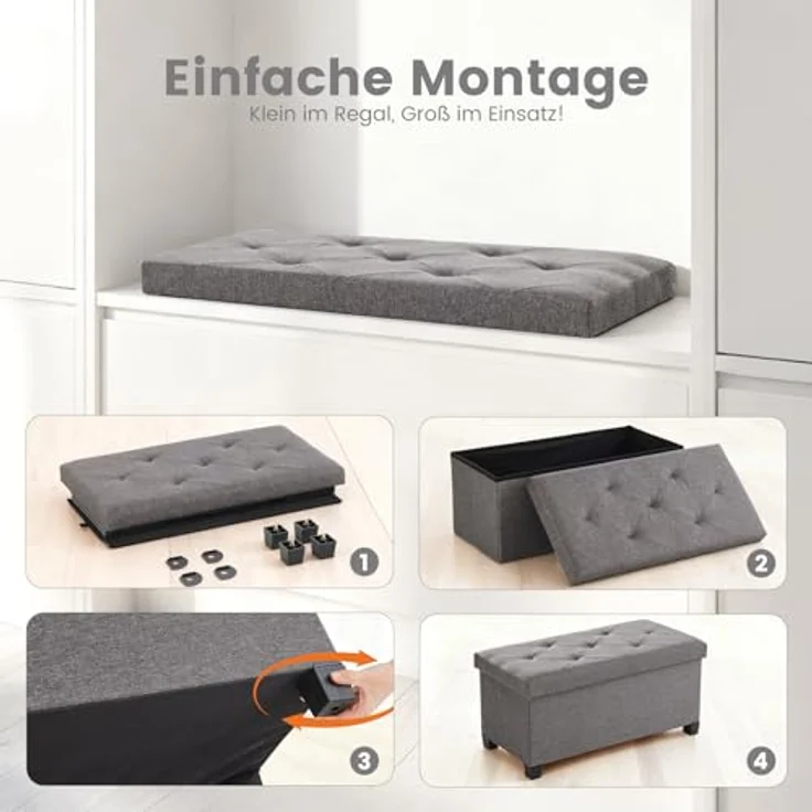 Sweetcrispy Sitzbank mit Stauraum, Sitzbank mit Beinen, 76 x 38 x 38 cm, Klappbare Sitztruhe Sitzhocker, Aufbewahrungsbox mit Deckel, bis 300 kg belastbar, für Wohnzimmer Schlafzimmer Flur, Dunkelgrau – Bild 6