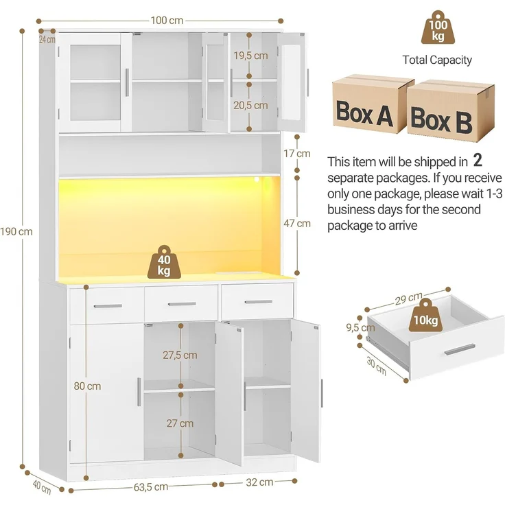 Buffetschrank, Küchenschrank mit 3 Schubladen, Hochschrank mit Steckdosenleiste und LED-Beleuchtung, 3 Schranktüren mit Glasfront, Küche, Wohnzimmer, 40 x 100 x 190 cm, Weiß – Bild 9