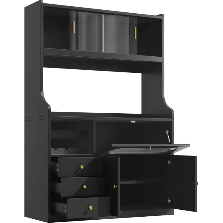 Küchenhochschrank 120x40x180 cm in Schwarz mit RGB-LED, Glasschiebetüren, Weinregal und 3 Schubladen – Bild 2