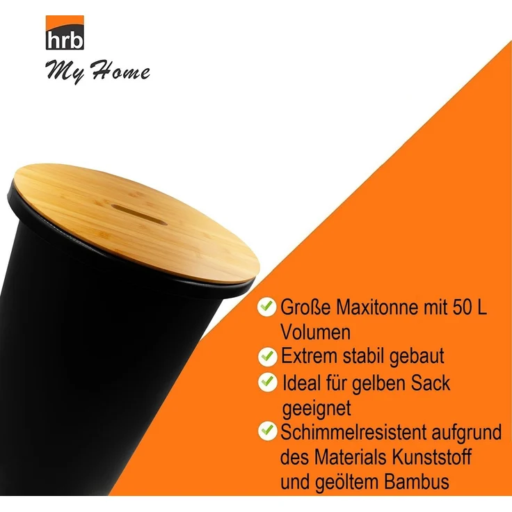 hrb Mülleimer Maxitonne 50l schwarz mit Bambus Deckel, Tonne, Futtertonne – Bild 2