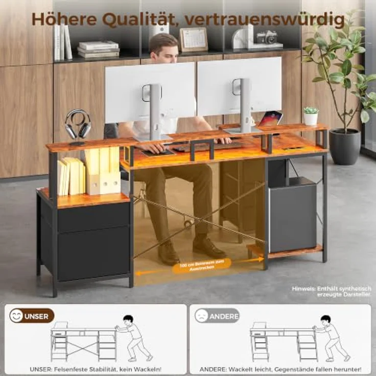 IRONCK Schreibtisch L Form Gaming Tisch mit LED & Steckdosen 2AC+1USB+1C, 189x100cm Eckschreibtisch mit 6 Schubladen&Monitorständer, Reversible Computertisch mit Stauraum für Home Office Vintagebraun – Bild 9