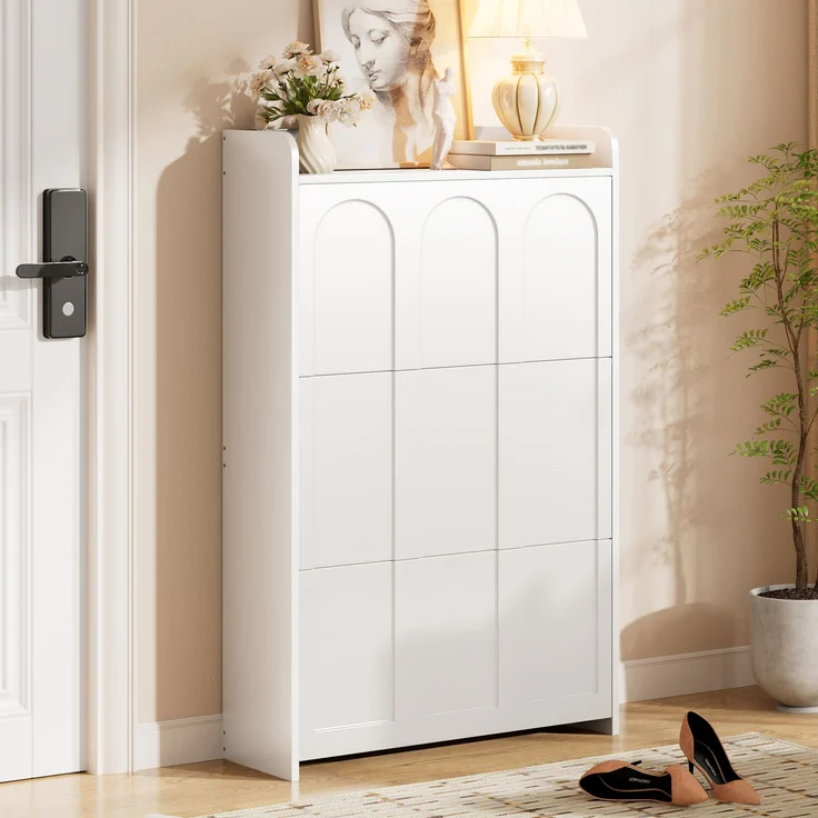Schuhschrank 70 x 25 x 120 cm aus MDF, weiß, mit Klapptüren und Schublade – Bild 3