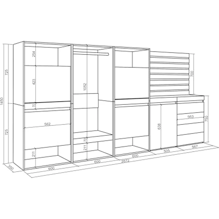 Skraut Home | Schuhregal, Schuhschrank | Schuhaufbewahrung | 287x145x35 cm | Für Schlafzimmer, Zimmer | Offener Kleiderschrank | Kommode mit Schubladen | Lamellenwand Holz | Moderner Stil | Zement – Bild 3