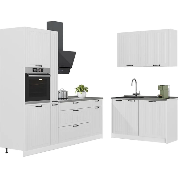 Küchenzeile Fame-Line Weiß Landhaus/Weiß 220 x 120 cm, AP Marmor Vicco – Bild 6
