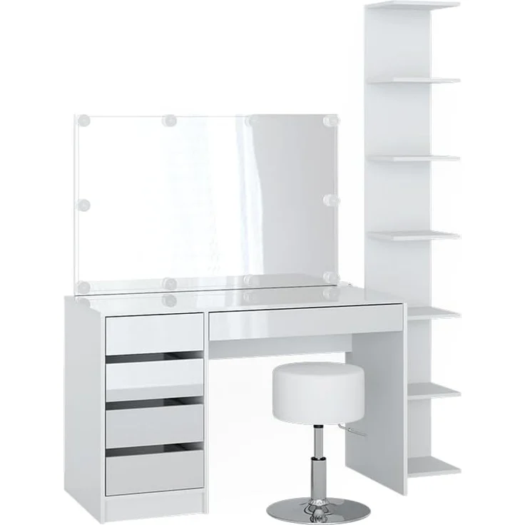 Schminktisch Sherry Weiß 4 Teile, mit Aufbewahrungsregal, Spiegel, Hocker, LED Vicco – Bild 4
